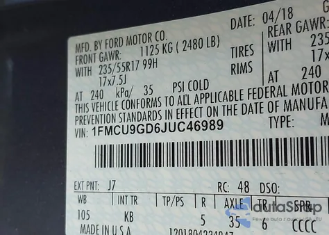 2018 Ford Escape Se from USA, damaged, VIN 1FMCU9GD6JUC46989